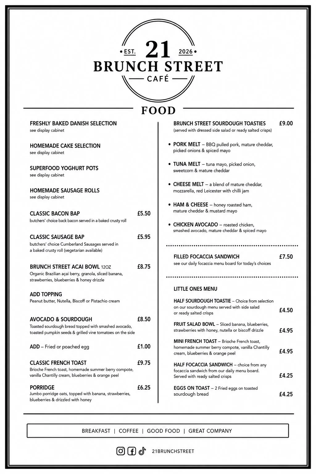 The printed 21 Brunch Street food menu: the circular badge logo at the top, FOOD between two rules, two columns of dishes and the tagline in a box at the foot